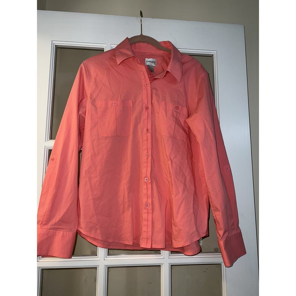 Chico’s womens coral long sleeve button down collared blouse chicos sz 1
